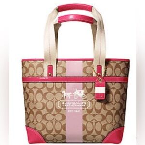 Coach Heritage Stripe Signature Logo Coated Canvas Tote Bag 11350 Pink/Tan